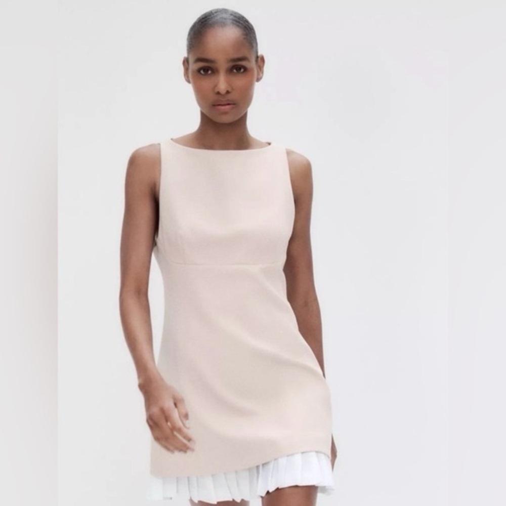 Zara Sleeveless‎ Pleated Double Fabric Mini Dress Tan/White Medium